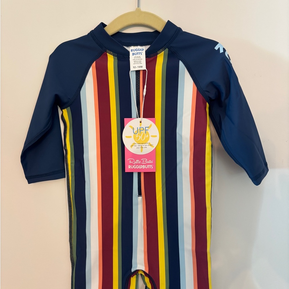 Ruffle Butts Navy Multi-Stripe UPF 50+ Kids One-Piece Rashguard